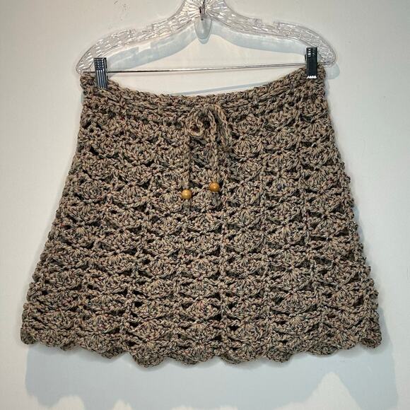 Hand made crochet knitted multicolor mini skirt scalloped hem & drawstring - Picture 6 of 7
